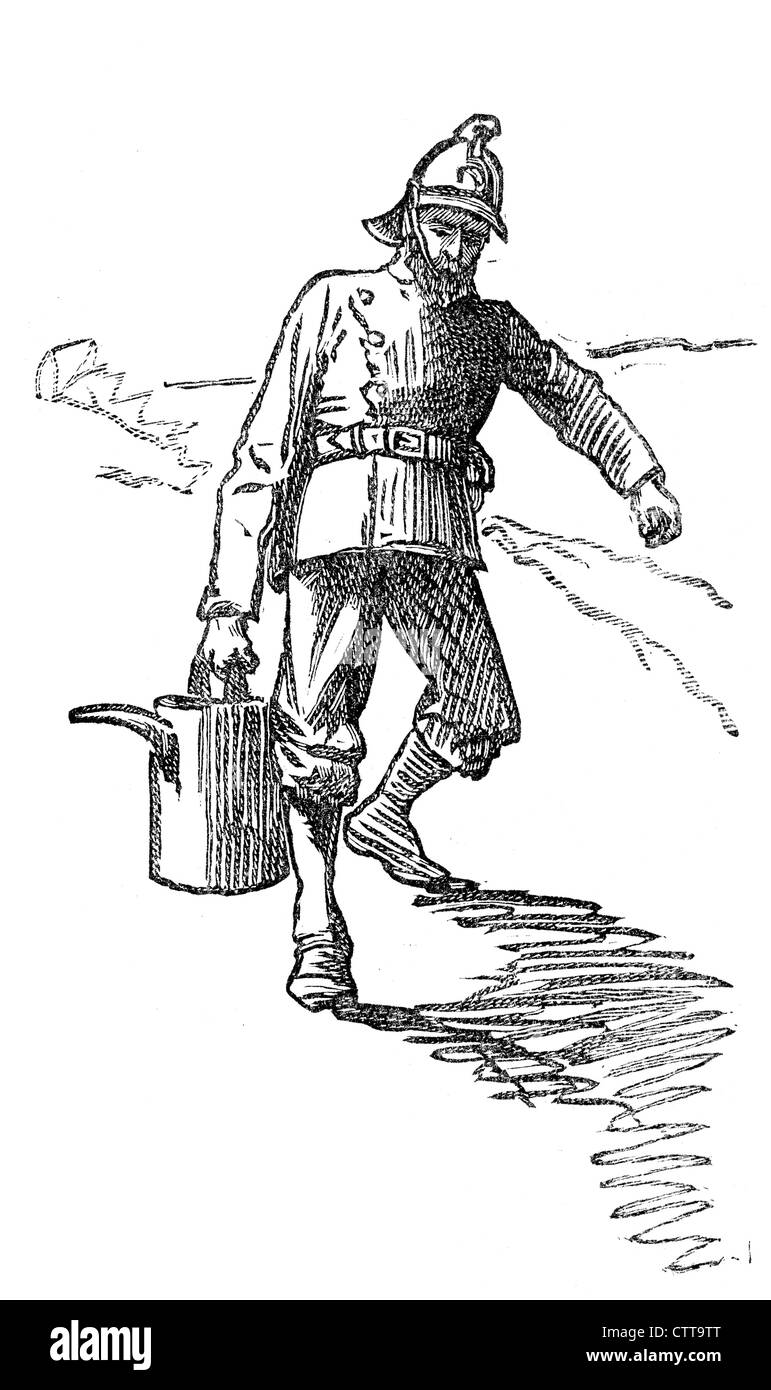 Fireman vittoriano portando un secchio di acqua circa1890 Foto Stock