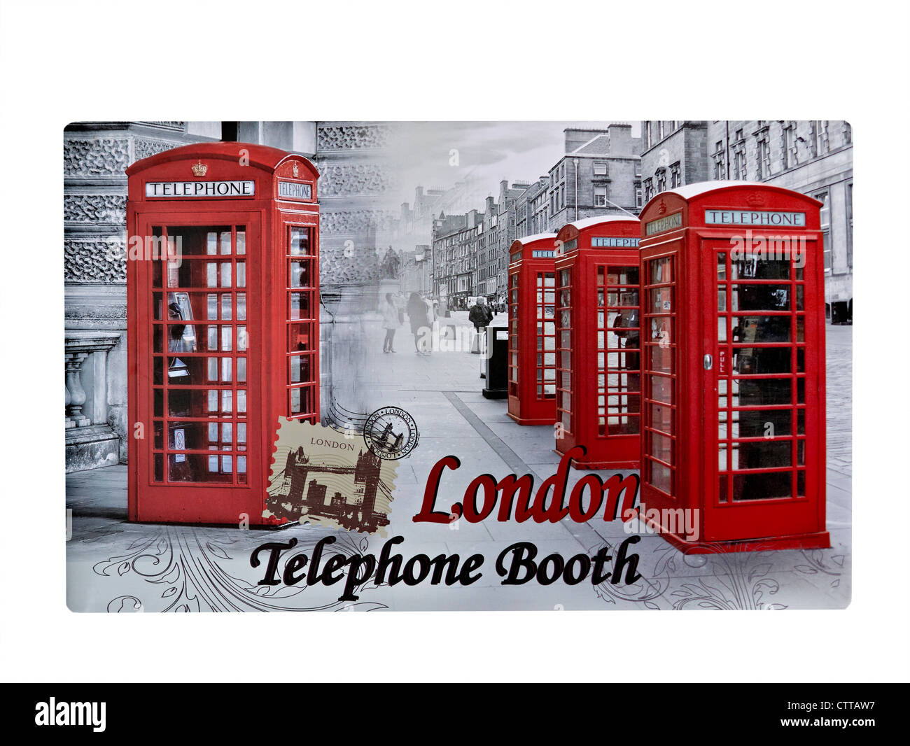 Cartolina retro scena di Londra UK con il vecchio stile Britannico rosso  nelle cabine del telefono Foto stock - Alamy