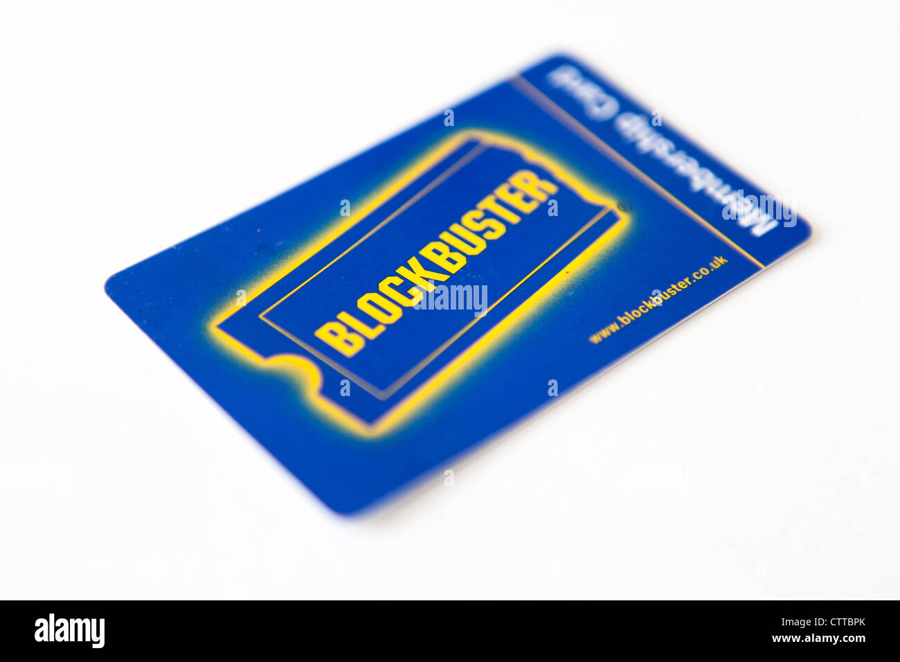 Blockbuster video scheda di noleggio su sfondo bianco Foto Stock