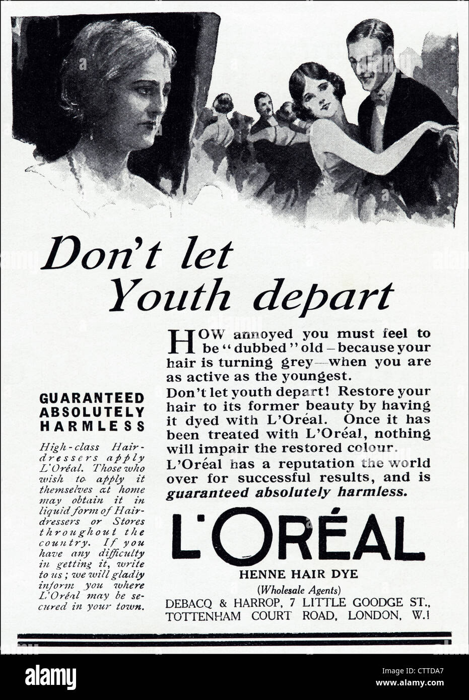 Originale di 1920s vintage stampa pubblicitaria in inglese la rivista dei consumatori pubblicità L'OREAL HENNE colorante per capelli Foto Stock