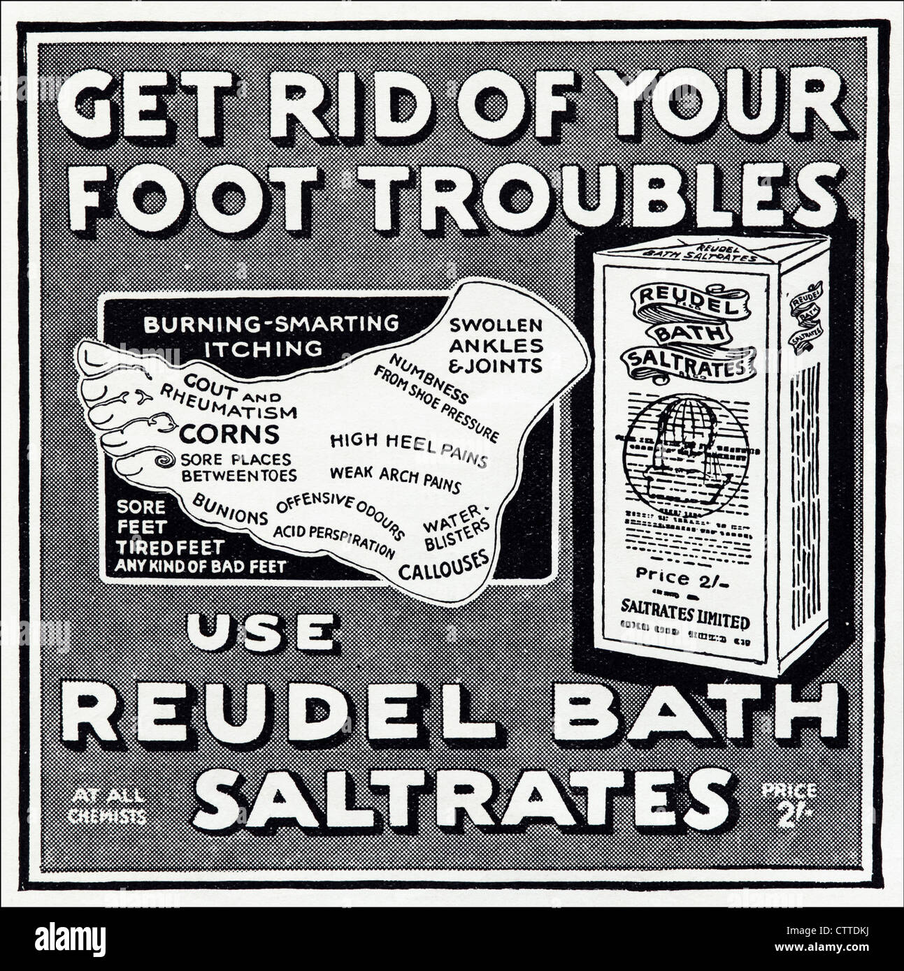 Bagno REUDEL SALTRATES per piedi annuncio. Originale di 1920s vintage stampa pubblicitaria in inglese la rivista dei consumatori pubblicità Foto Stock