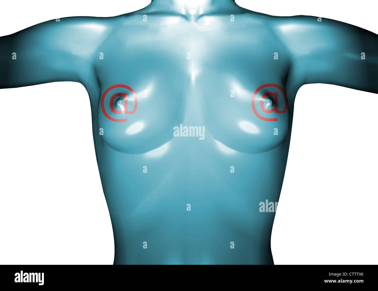 Nackter Frauenoberkörper Brust aus Gummi oder Plastik mit a Zeichen Foto Stock