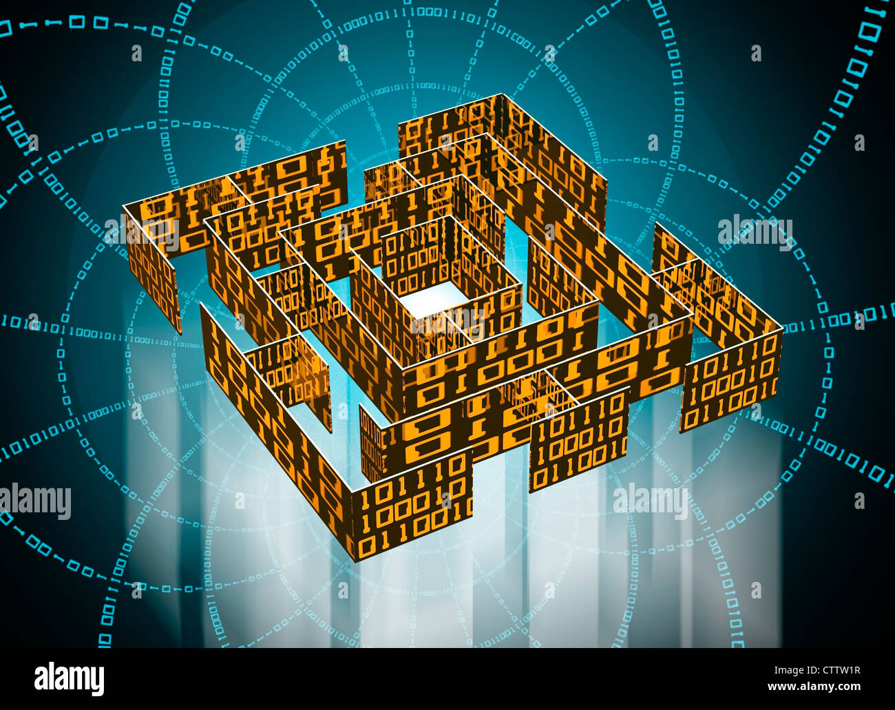 Labirinto mit Datenkolonnen aus Binärcode Foto Stock