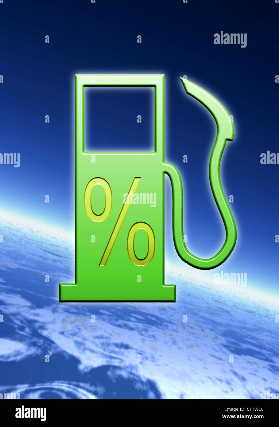 Tanksäulensymbol mit Prozentzeichen vor blauer Weltkugel Foto Stock