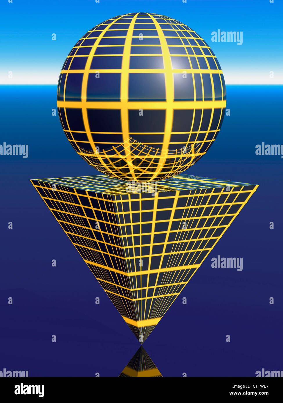 Spher su una piattaforma che è il fondo di una piramide capovolta - Simbolo Plattform aus Kugel und umgedrehter Pyramide Foto Stock