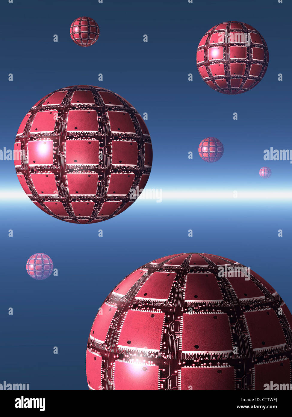Sfere con i chip del computer sulla loro superficie flottante in uno spazio di colore blu - Schwebende rote Kugeln aus Computerchips Foto Stock