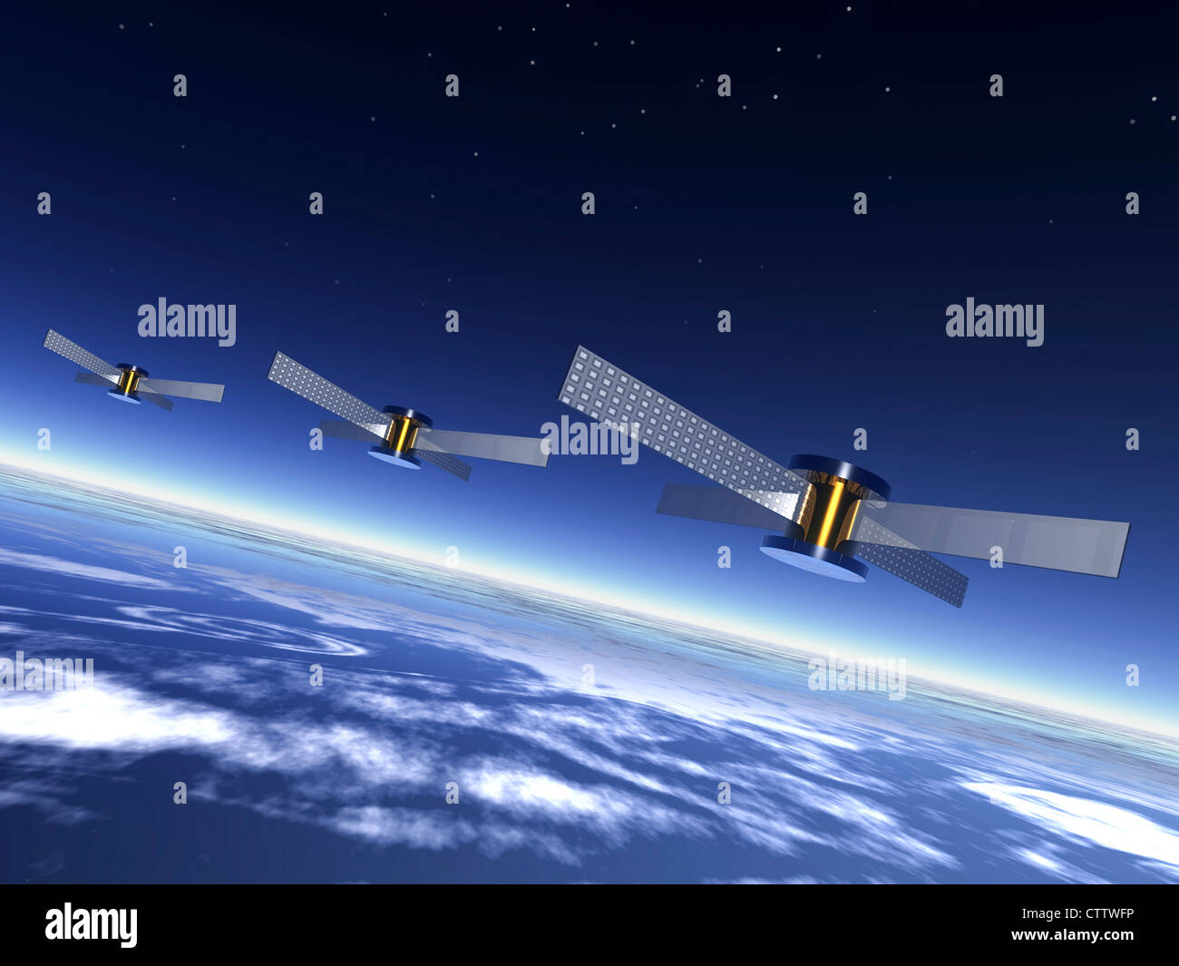 3 Satelliten im tutti über der Erde Foto Stock