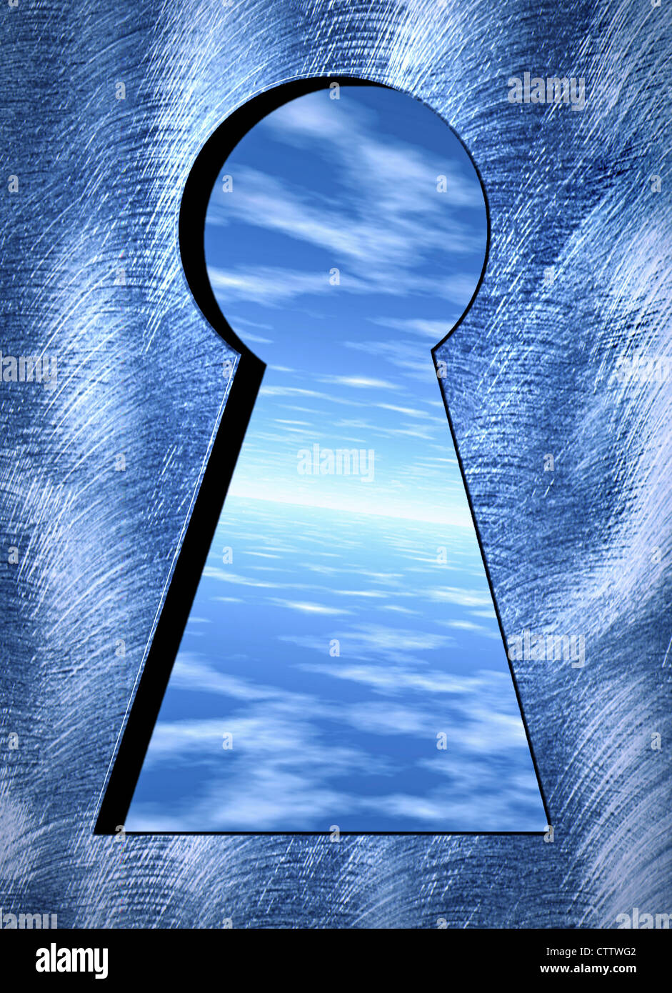 Schlüsselloch mit Durchblick auf blauen Himmel Foto Stock