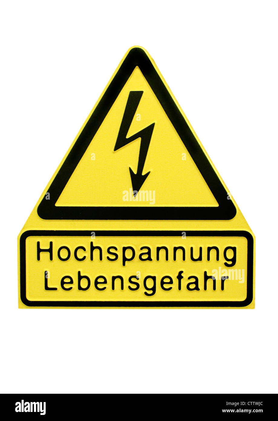 Warnschild mit Blitz 'Hochspannung Lebensgefahr' Foto Stock