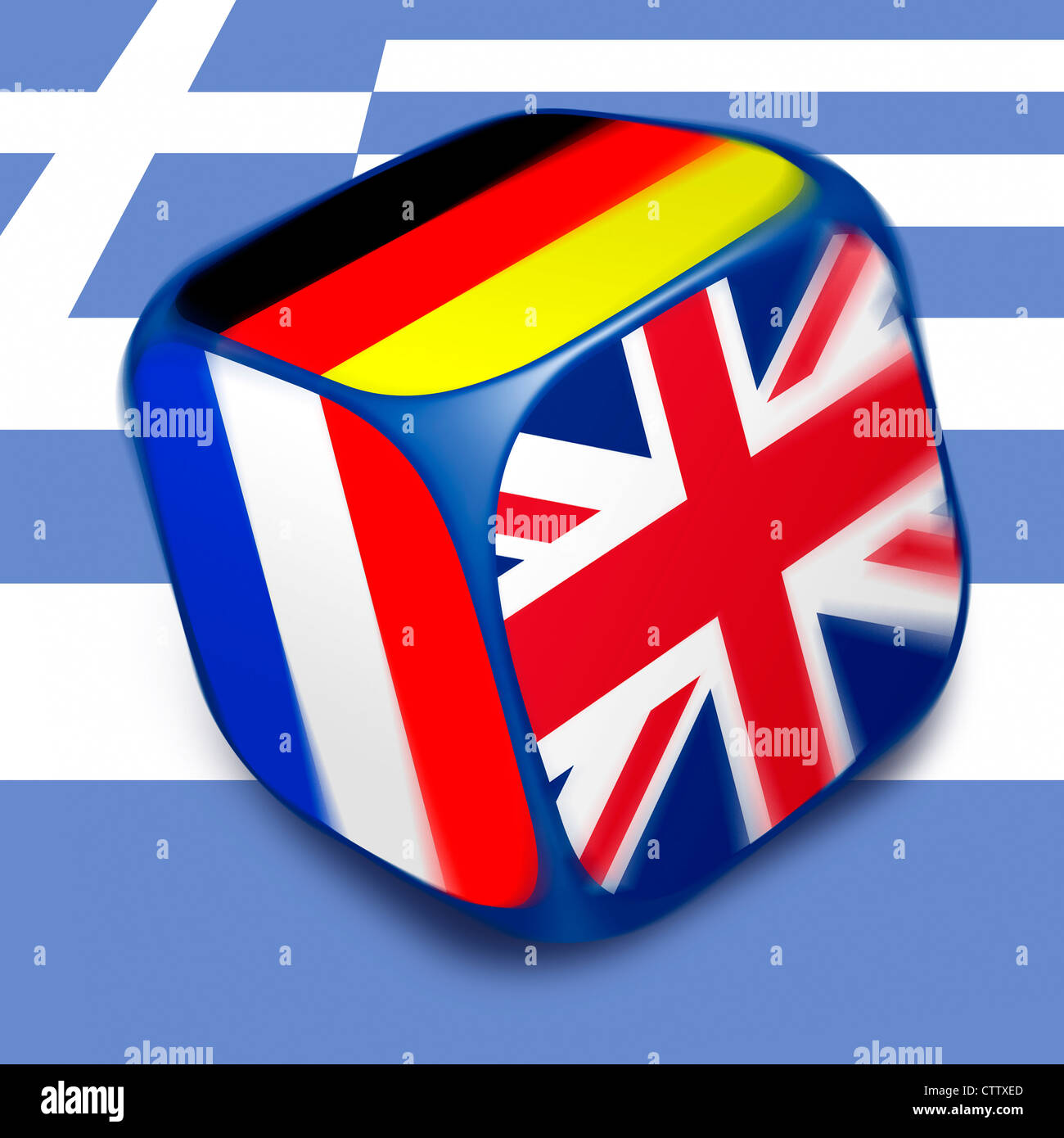 Dadi con le bandiere di, Francia, Germania e Regno Unito su ciascuno dei suoi lati, il rotolamento lungo la bandiera della Grecia in background Foto Stock