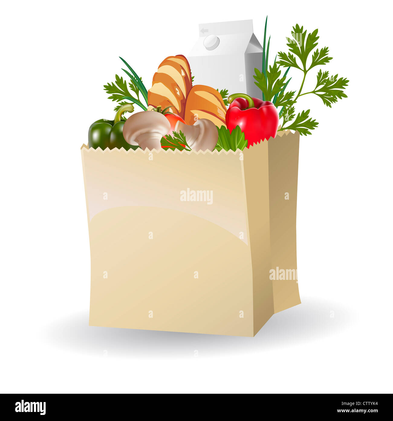 Isolato di verdure, latte e pane in sacchetti di carta Foto Stock