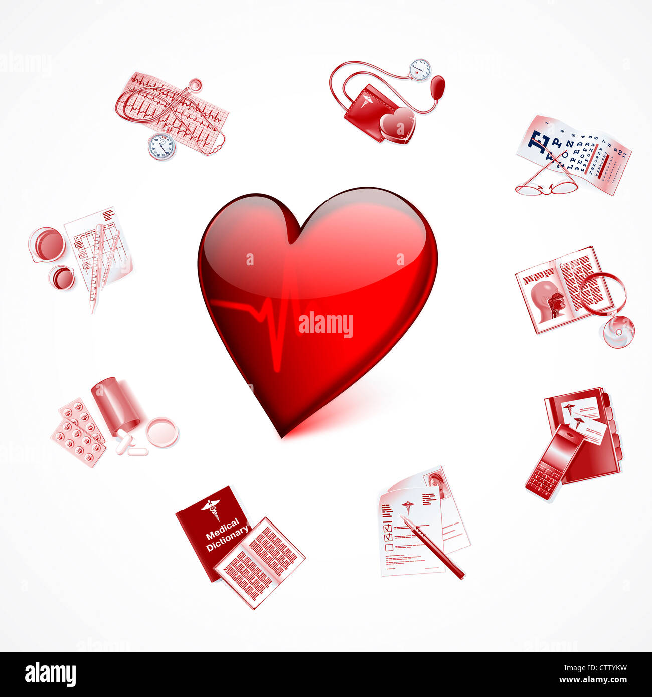 Isolato rosso cuore di vetro con cardiogram e icone di medico Foto Stock