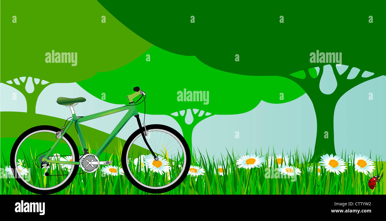 Bicicletta verde con prato verde e verde albero Foto Stock