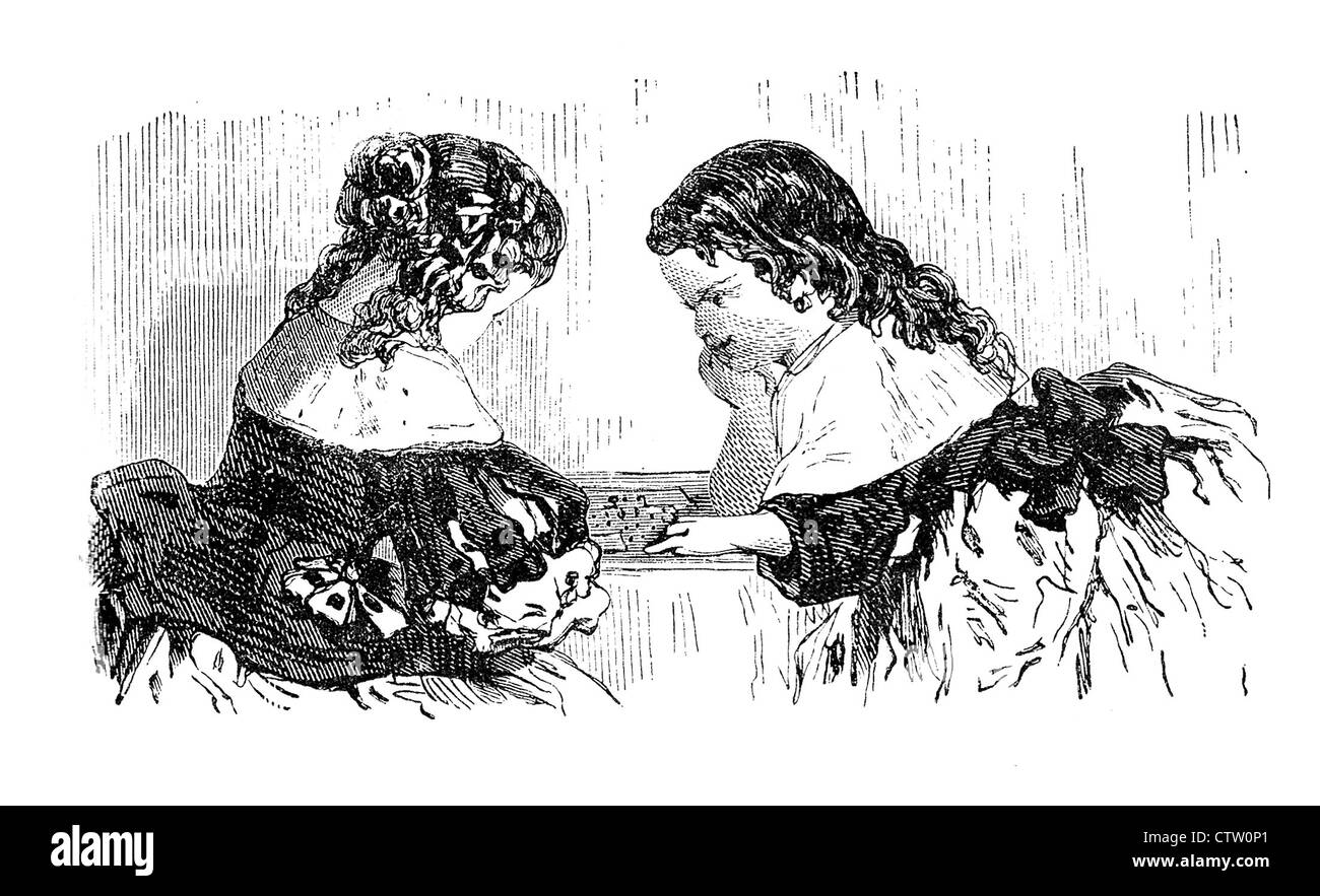 Vintage in bianco e nero immagine: due ragazze con attenzione la riproduzione di un gioco di bordo piscina Foto Stock