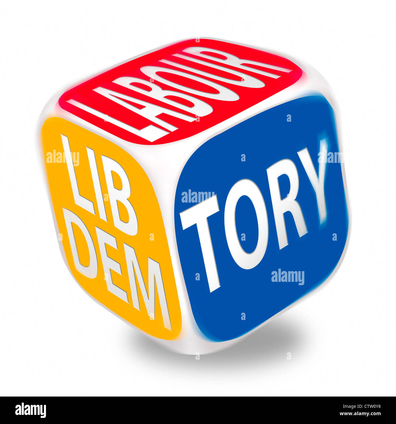 Dadi di laminazione con i partiti politici del Regno Unito su ciascun lato. La manodopera, conservatori e liberali democratici partito, sfondo bianco Foto Stock
