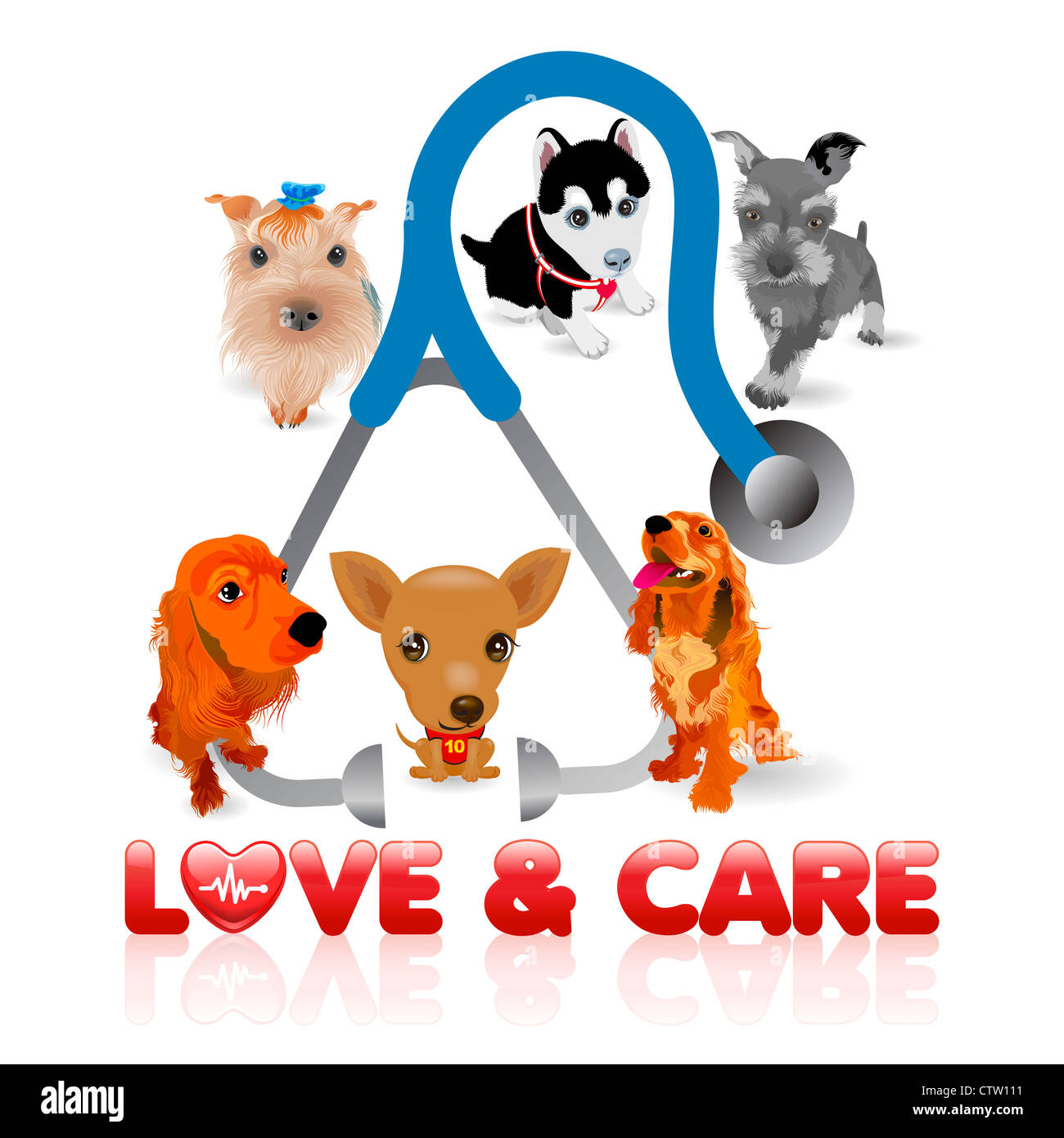 Illustrazione di diverse razze di cani e di uno stetoscopio Foto Stock