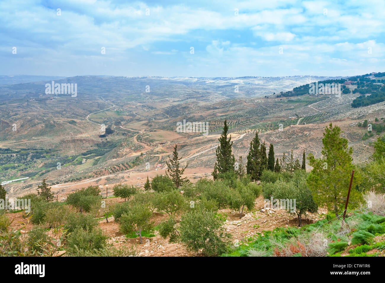 Vista della terra promessa dal Monte Nebo in Giordania Foto Stock