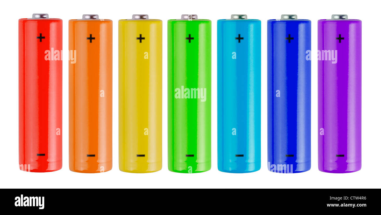 Fila di sette colori batterie isolato su bianco Foto Stock
