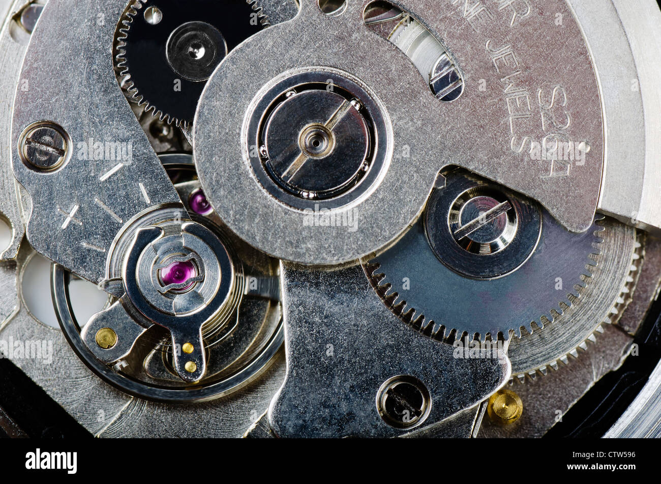 Macro shot del meccanismo di orologio da polso Foto Stock