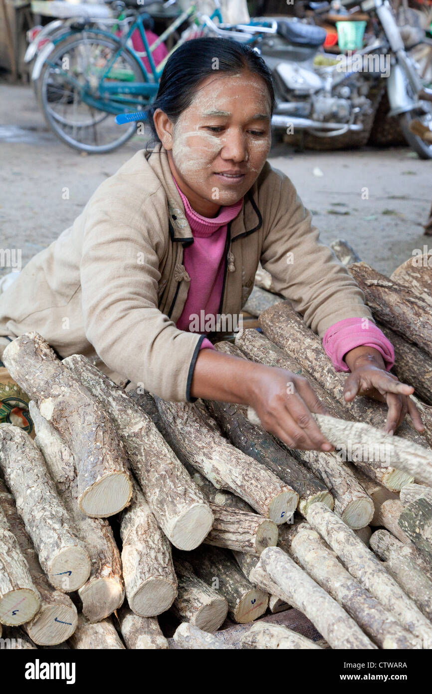 Myanmar Birmania. Legno di Thanaka, per la fabbricazione di cosmetici. protezione solare Bagan mercato. Foto Stock