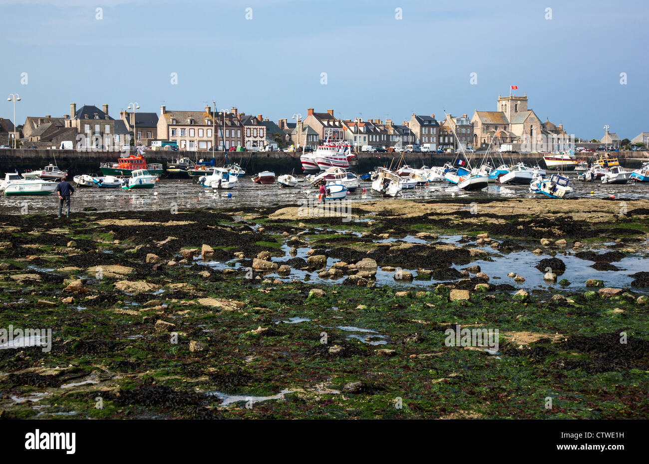 Francia, Normandia, Barfleur, vista del porto con la bassa marea Foto Stock