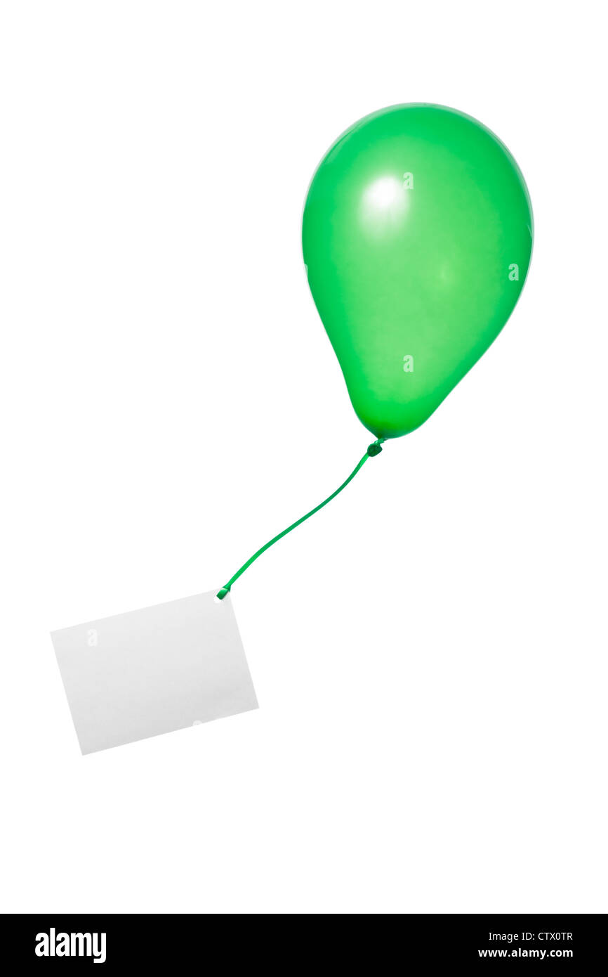Palloncino verde con nastro e biglietto di auguri Foto Stock