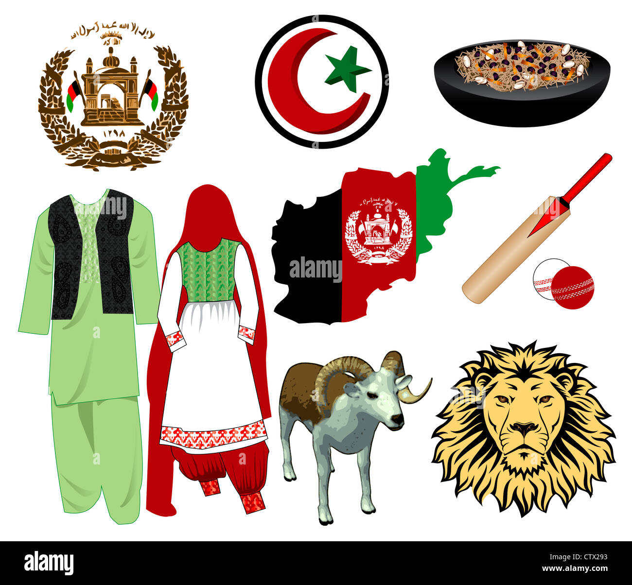 Illustrazione Vettoriale per l'Afghanistan. Nove diverse icone. Foto Stock