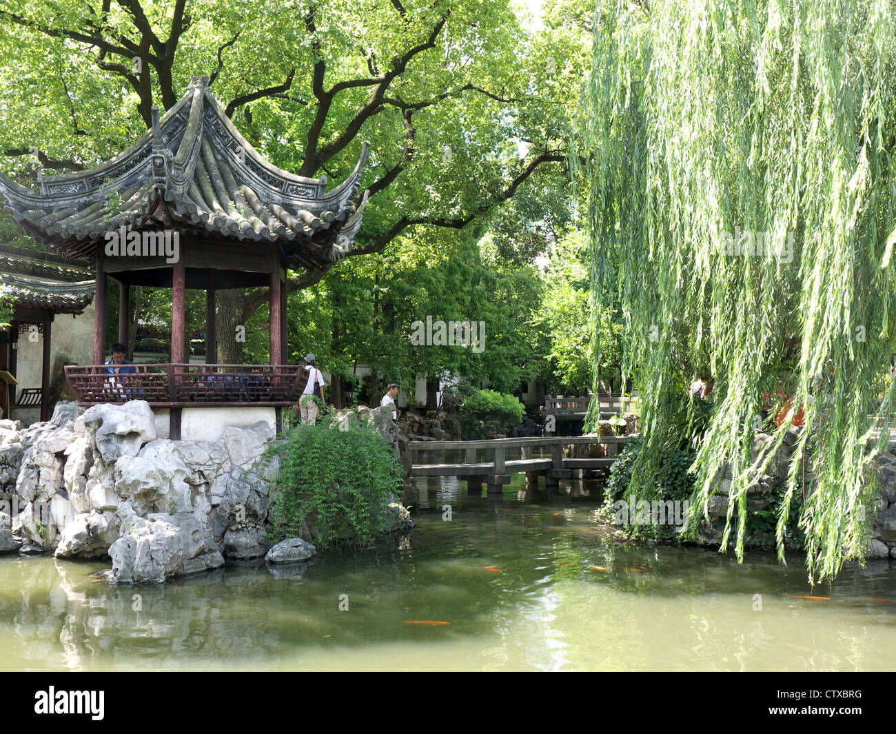 Vista del grande stagno e un rockery in Il Giardino di Yuyuan Shanghai in Cina Foto Stock