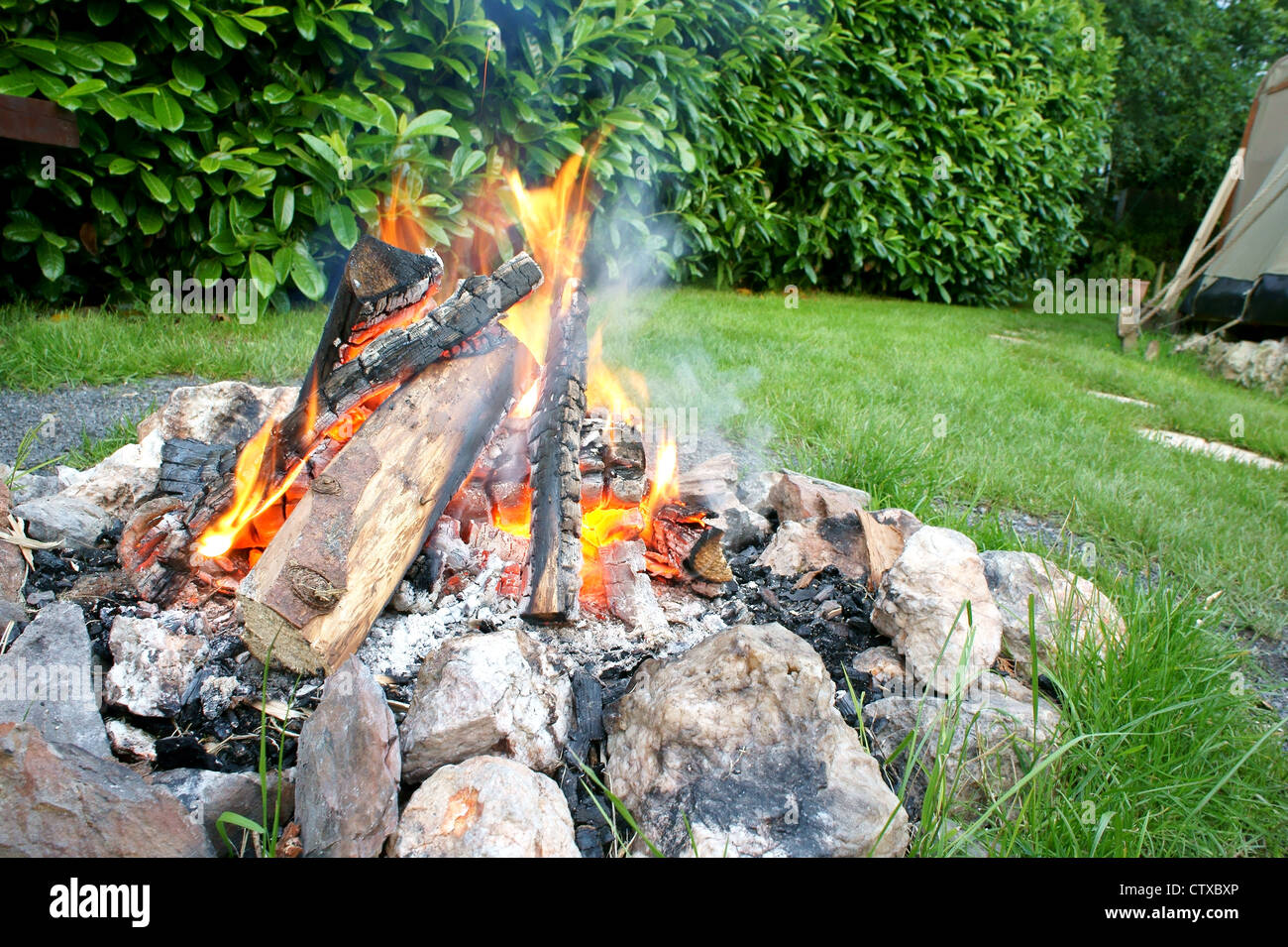 La combustione del legno su un falò Foto Stock