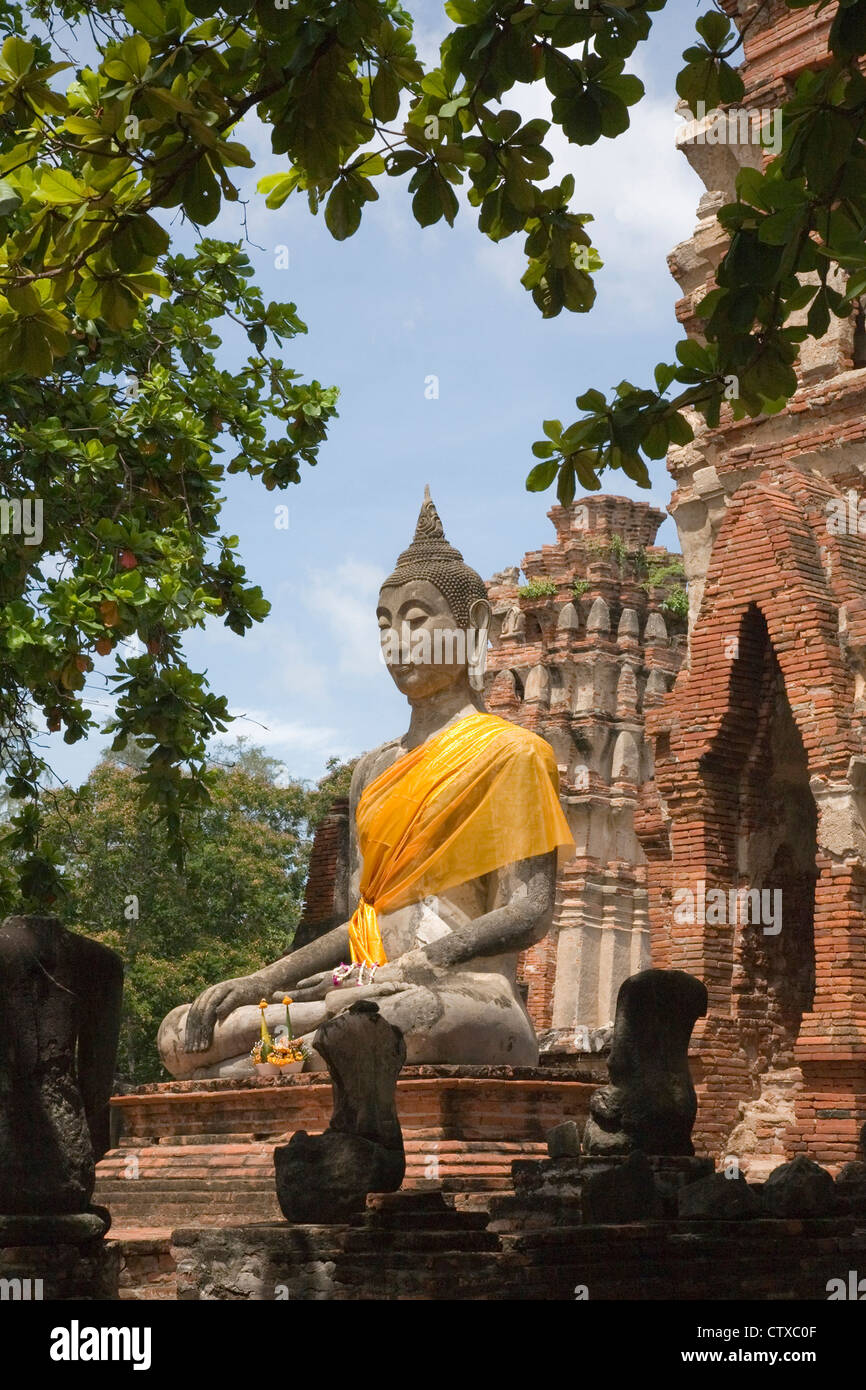 Statua di Buddha a Arutthaya, antica capitale della Thailandia, che ora è una desolazione e un sito del patrimonio mondiale, Foto Stock