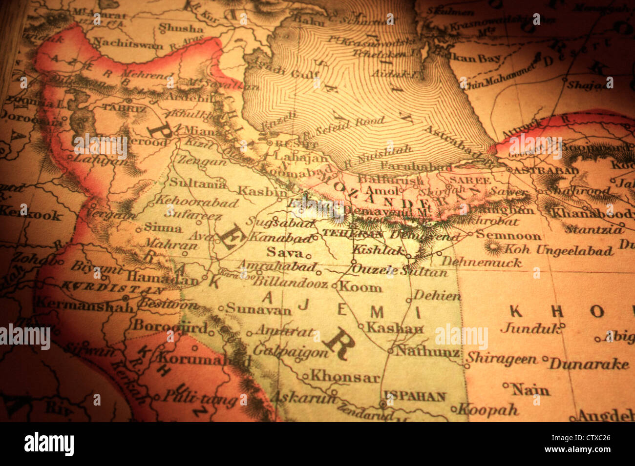 Vecchia Mappa di Iran/Persia, centrato su Teheran. Mappa è dal 1855 e al di fuori del diritto d'autore. Foto Stock