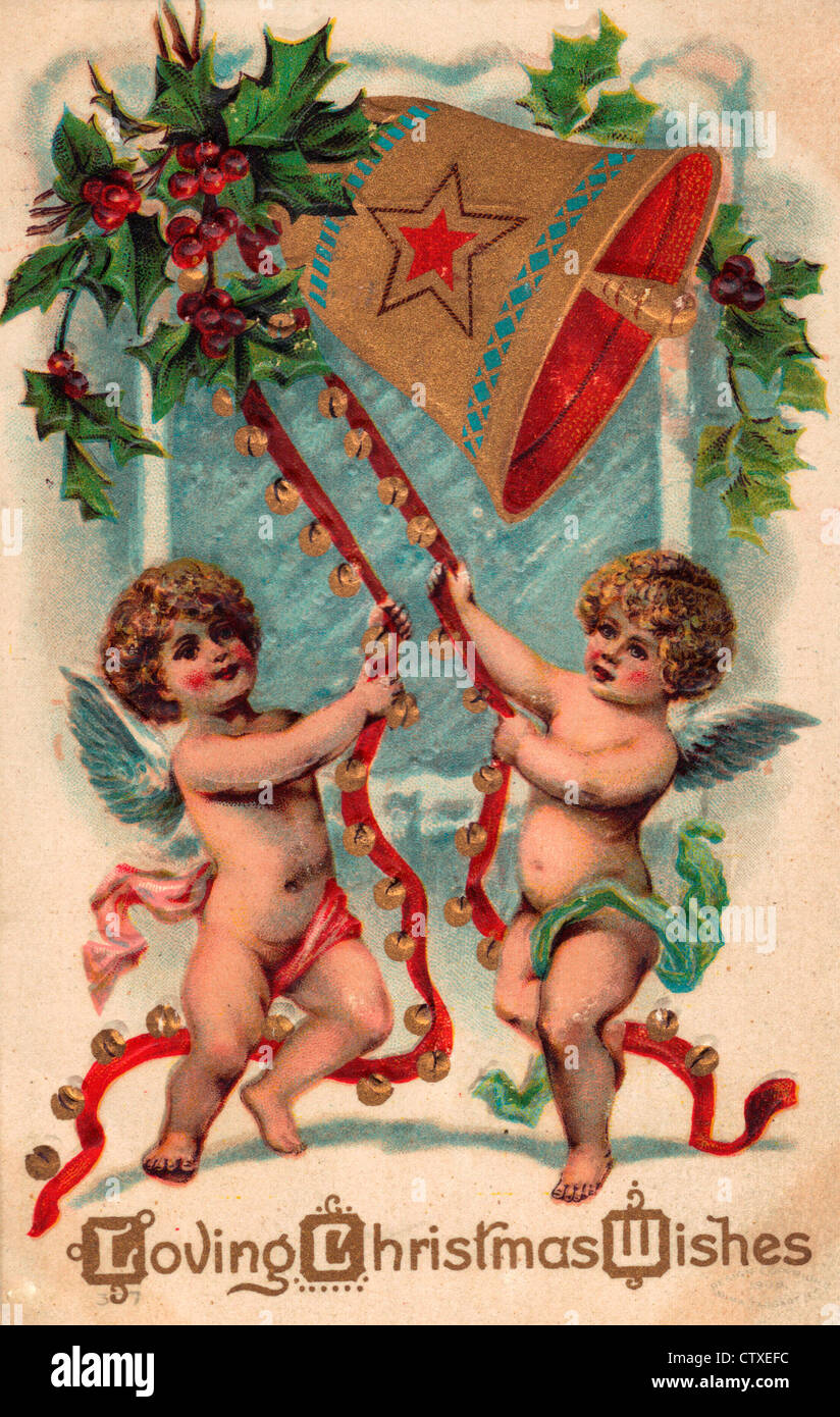 Amare gli auguri natalizi - vintage card con putti campana che squilla Foto Stock