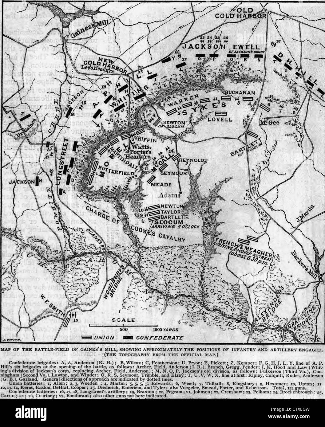 Mappa del campo di battaglia di Gaines's Mill, VA mostra circa le posizioni della Fanteria e artiglieria impegnato. Giugno 1862 Foto Stock