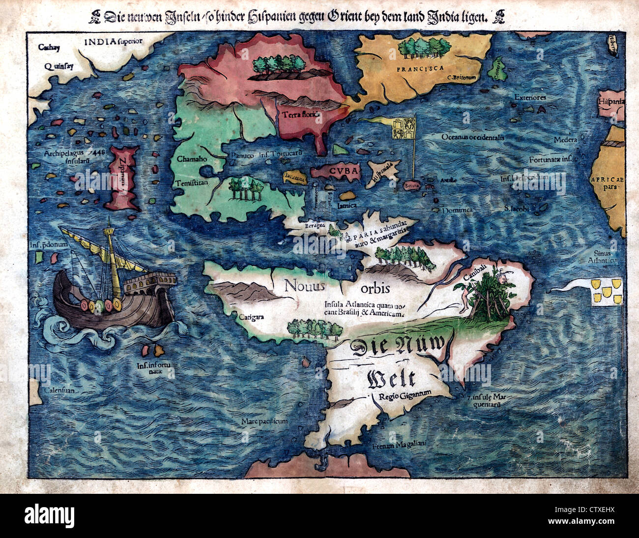 Mappa del Mondo Nuovo, circa 1550 - Die neuen isole, in modo da ostacolare Hispanien gegen Orient bey dem paese India ligen Foto Stock