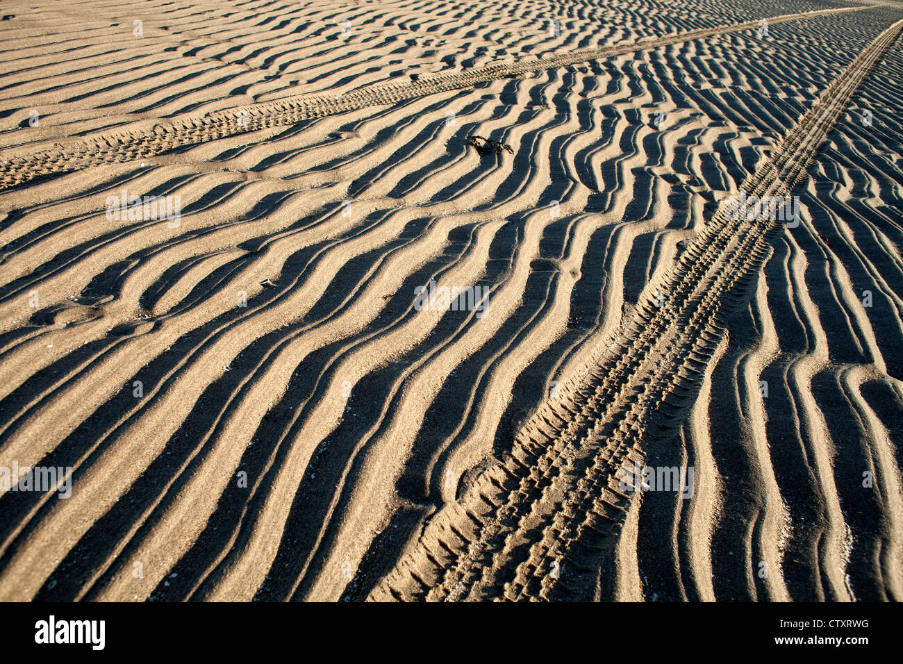 Fotografia astratta di texture pattern tracce di pneumatici e il ripple di sabbie a sinistra a bassa marea sulla spiaggia con la bassa marea sulla spiaggia Foto Stock