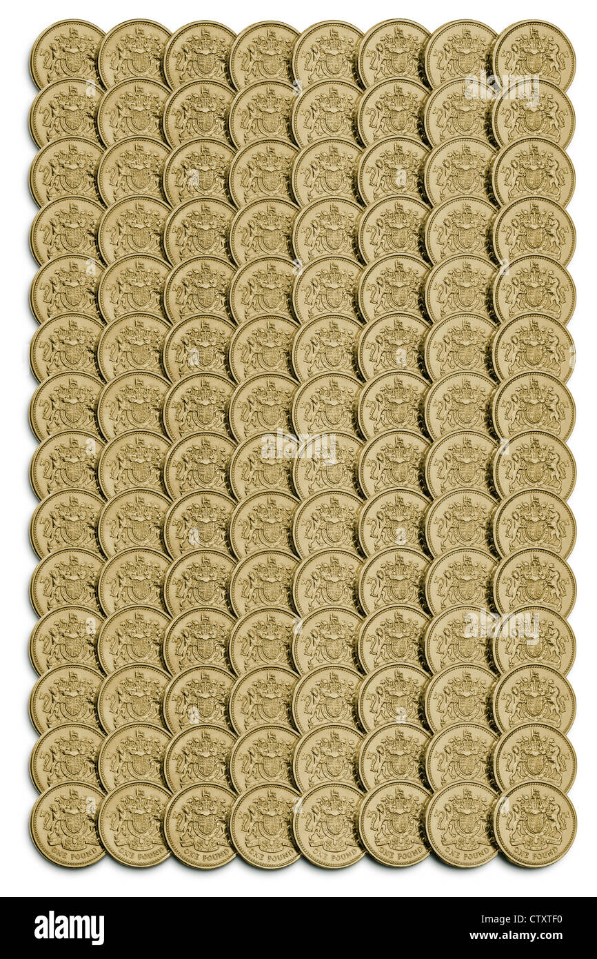 Sistemazione regimentata di vecchie monete di sterlina britannica. Foto Stock