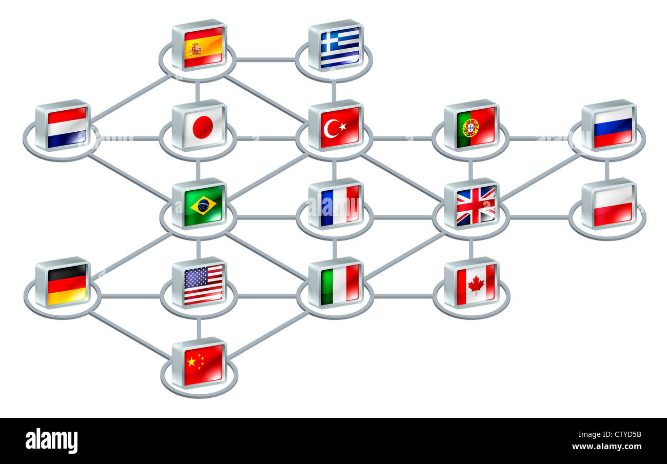 Mondo un concetto di rete di collegamenti tra diversi paesi o di un team internazionale Foto Stock