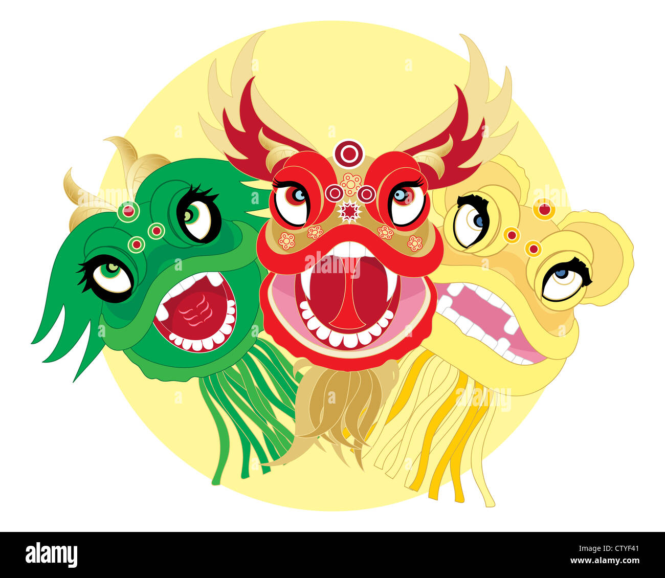 Una illustrazione di cinese tradizionale dragon dance capi in colori luminosi su di un sole giallo sullo sfondo Foto Stock