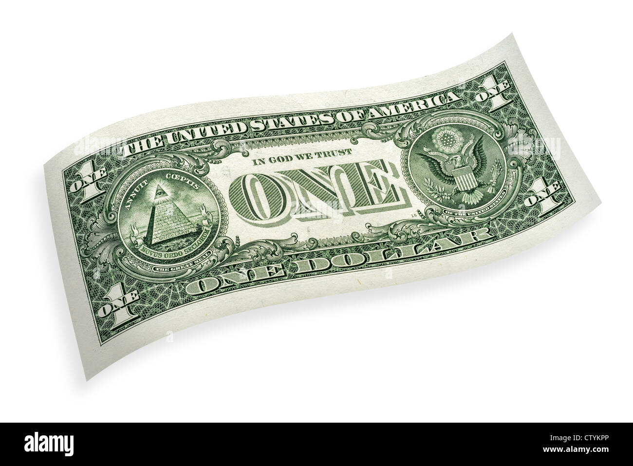 One-dollar-banconota, isolato sul 100 % sfondo bianco arricciato cut-out Foto Stock