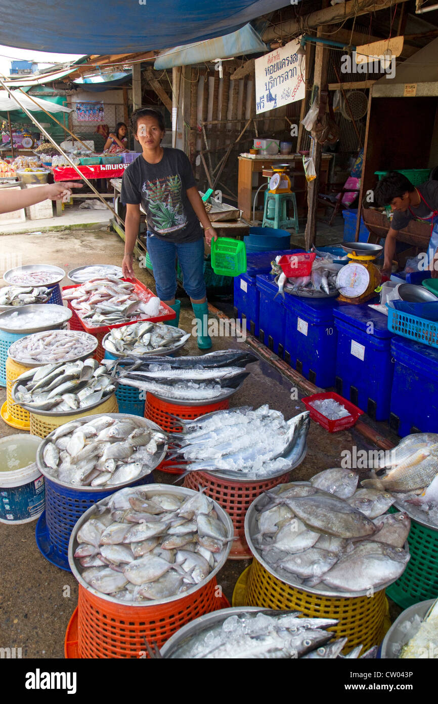 Venditore a vendere pesce fresco in un mercato aperto, sull'isola di Ko Samui, Thailandia. Foto Stock