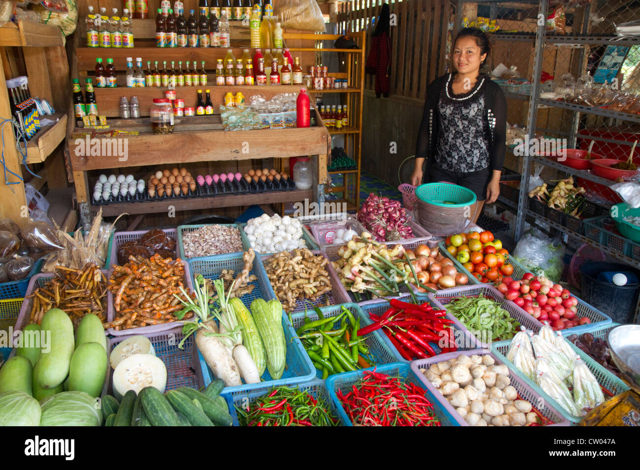 Donna vendita di ortofrutticoli freschi e di uova in un mercato aperto, sull'isola di Ko Samui, Thailandia. Foto Stock
