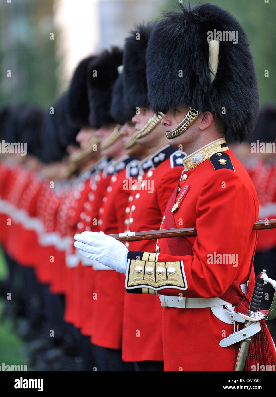 Una fotografia del canadese Grenadier Guards eseguendo una cerimonia militare nella vecchia Montreal. Foto Stock