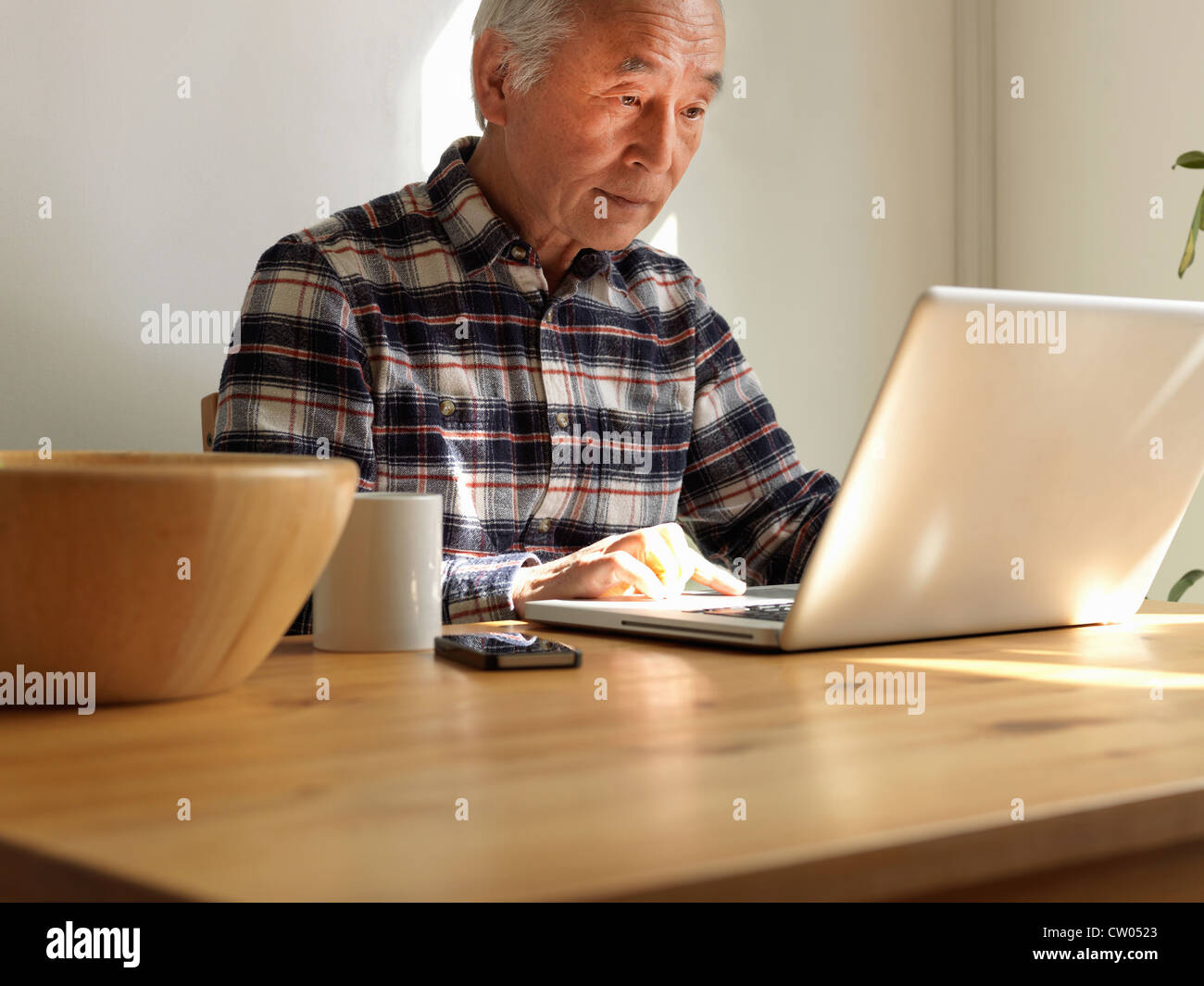 Uomo anziano utilizzando il portatile in tabella Foto Stock