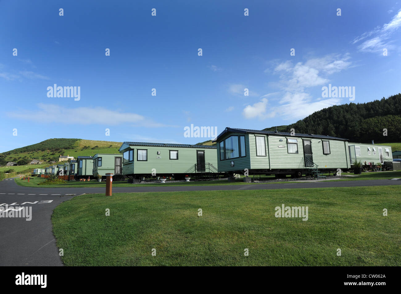 Mobile Holiday home Park at Clarach Bay in Wales UK. Mobile Holiday home homes static caravan caravan site Welsh Britain UK Foto Stock