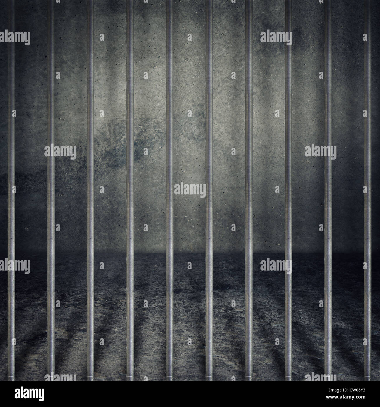 Obsoleta grigio cemento grunge camera, cella di prigione con barre di metallo. Foto Stock