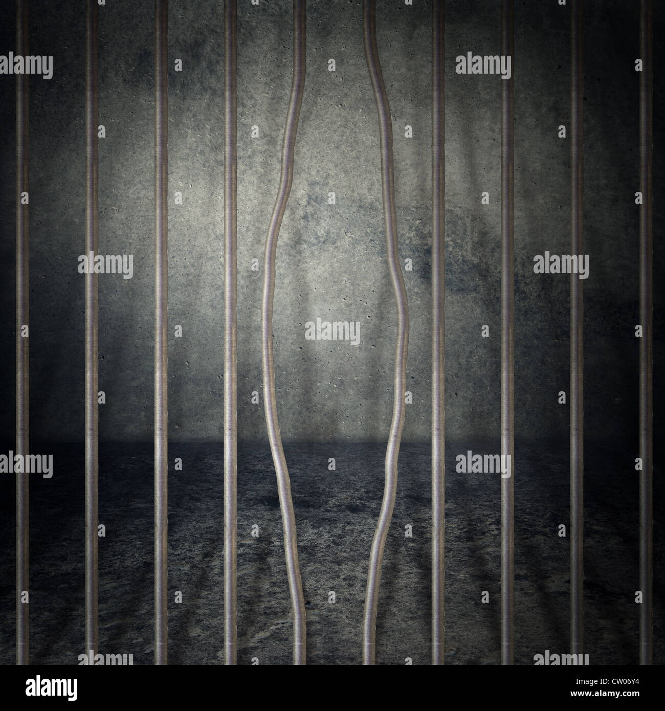 Obsoleta grigio cemento grunge camera, cella di prigione con barre di metallo. Foto Stock