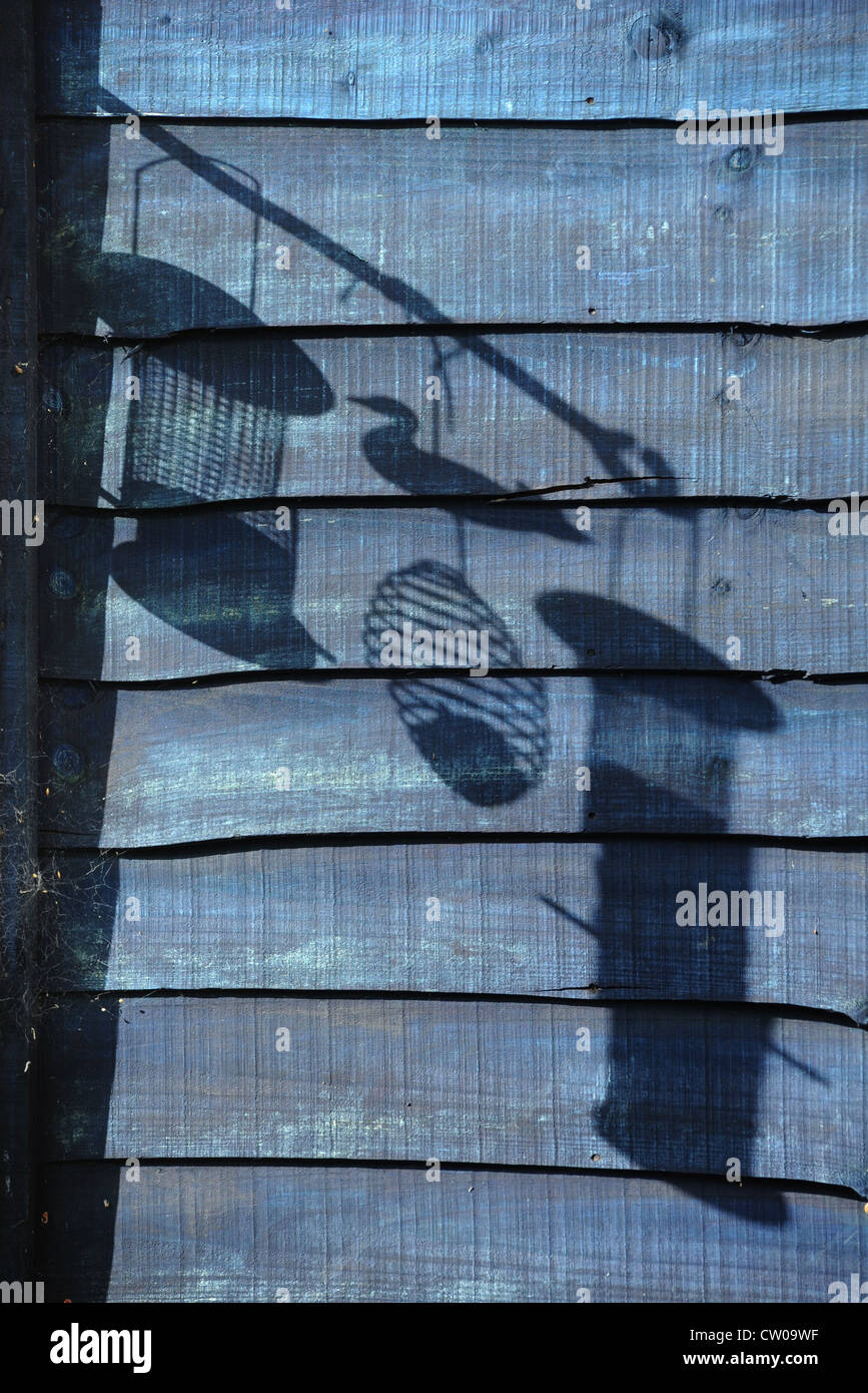 Ombre di uccelli selvatici GLI ALIMENTATORI NEL GIARDINO RECINTO WILDBIRDS NUOVAMENTE ALIMENTARE Cibo natura fauna Gardens Regno Unito Foto Stock