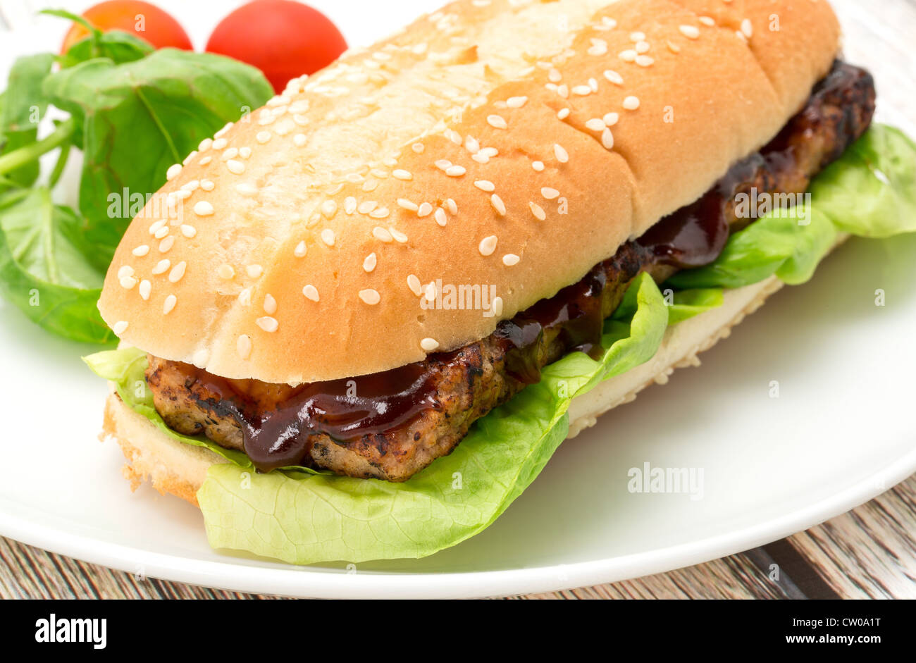 BBQ nervatura di ricambio burger panino close-up - studio shot Foto Stock