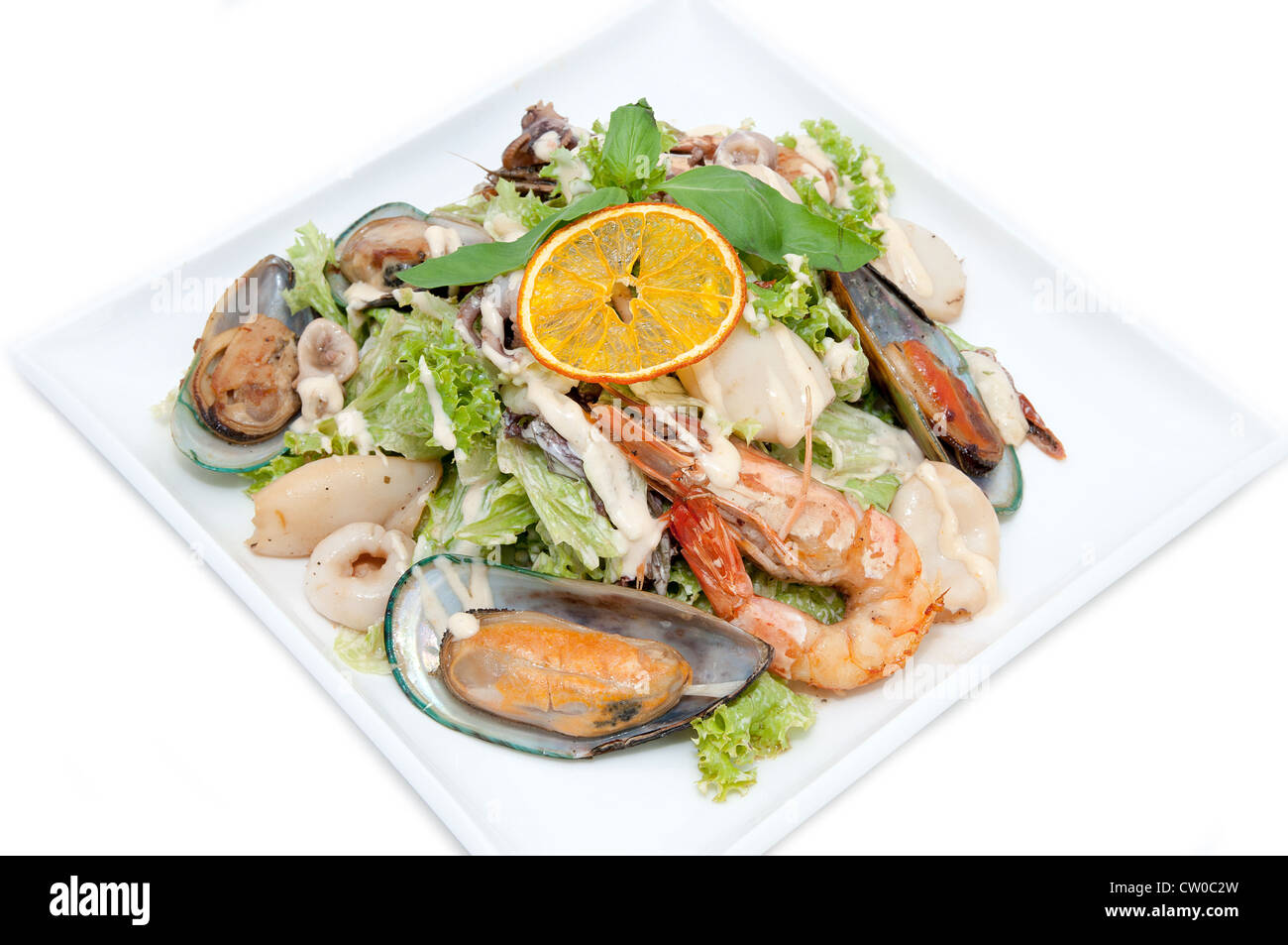 Insalata di mare su sfondo bianco Foto Stock