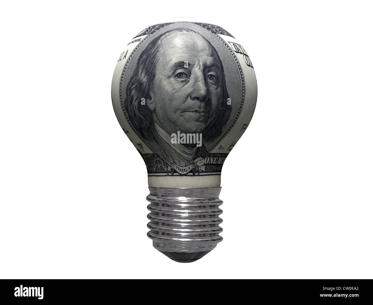 Lampadina con centinaia di dollar sign isolati su sfondo bianco Foto Stock